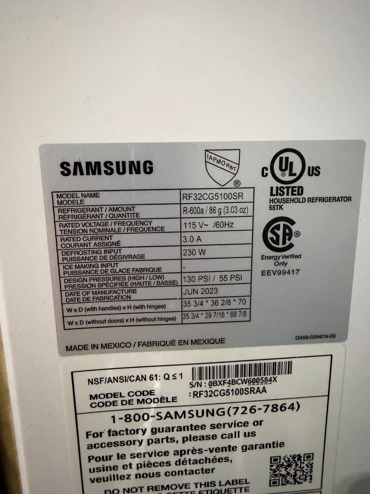 Samsung 36" French Door Refrigerator Model #RF32CG5100SR  Serial #0BXF4BCW600584X (36)