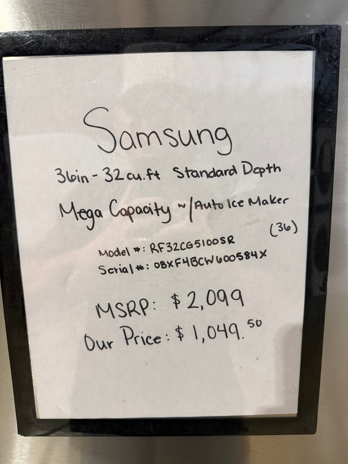 Samsung 36" French Door Refrigerator Model #RF32CG5100SR  Serial #0BXF4BCW600584X (36)