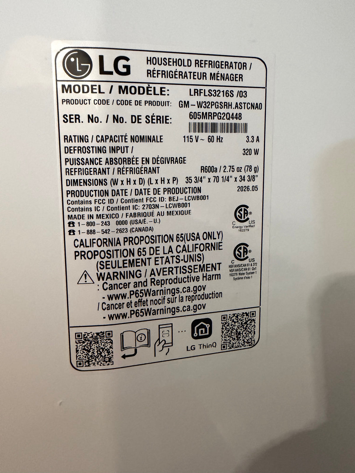 LG 36" French Door Refrigerator Model #LRFLS3216S  Serial # 605MRPG2Q448 (37)