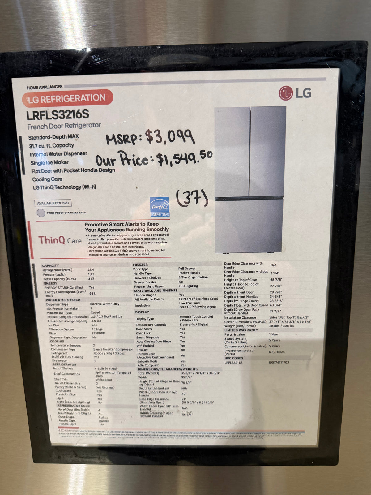 LG 36" French Door Refrigerator Model #LRFLS3216S  Serial # 605MRPG2Q448 (37)