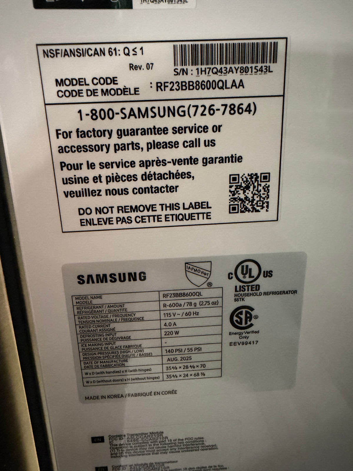 Samsung Bespoke 36" French Door Refrigerator Counter Depth Model #RF23BB8600  Serial #1H7Q43AY801543L (38)