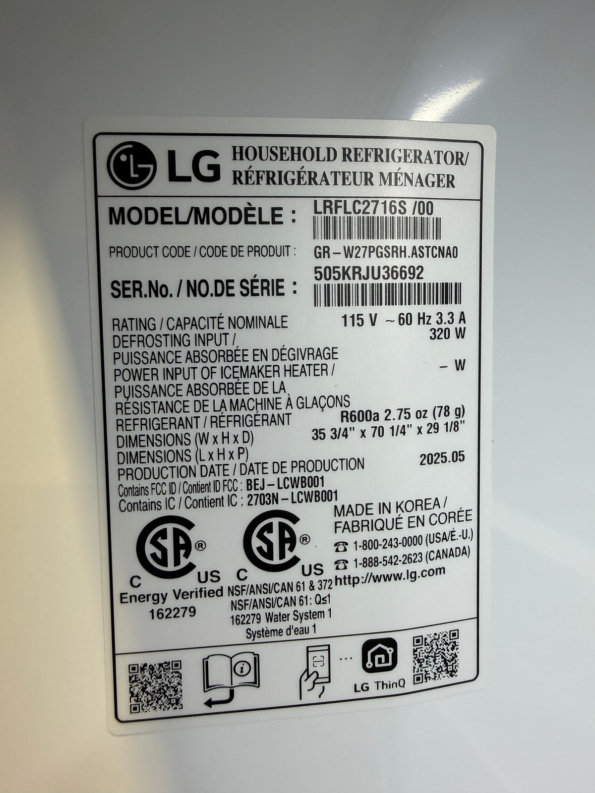 LG 36" French Door Refrigerator Model #LRFLC2716S  Serial #505KRJU36692 (39)