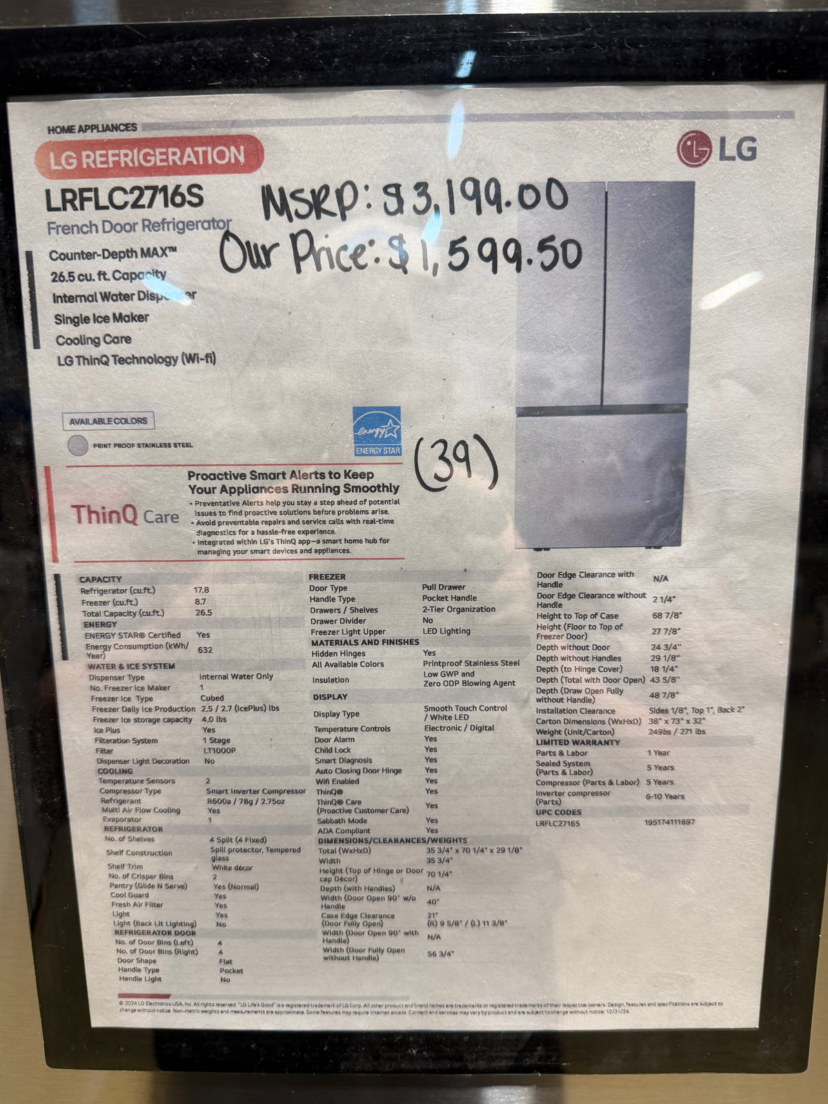 LG 36" French Door Refrigerator Model #LRFLC2716S  Serial #505KRJU36692 (39)