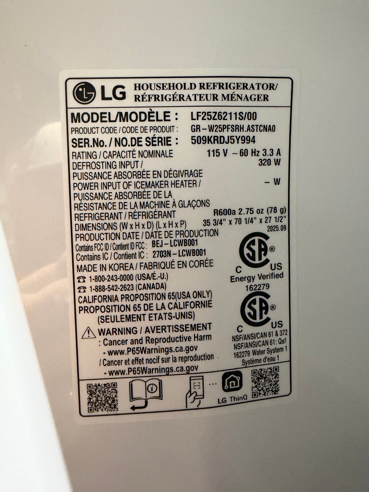LG 36" French Door Refrigerator Model #LF25Z6211S  Serial # 509KRDJ5Y994 (40)