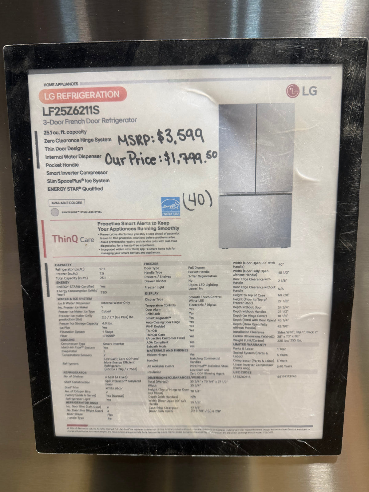 LG 36" French Door Refrigerator Model #LF25Z6211S  Serial # 509KRDJ5Y994 (40)