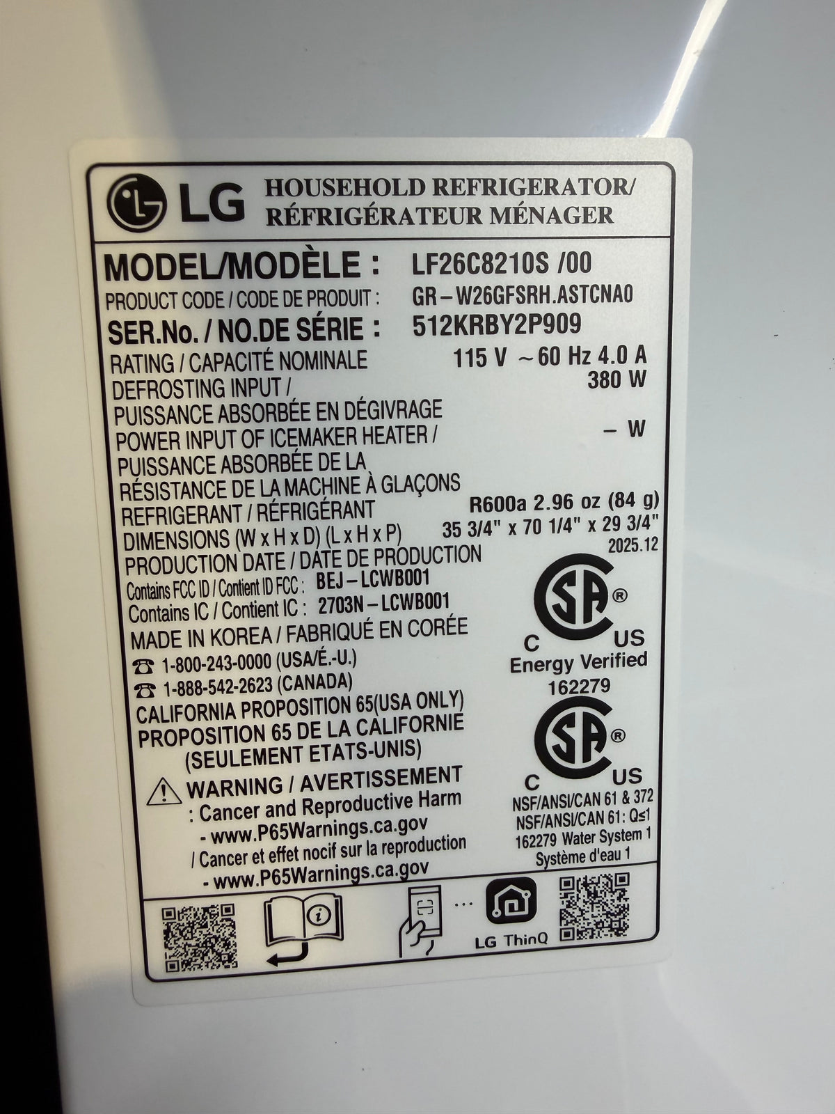 LG 36" French Door Refrigerator Model #LF26C8210S  Serial #512KRBY2P909 (42)