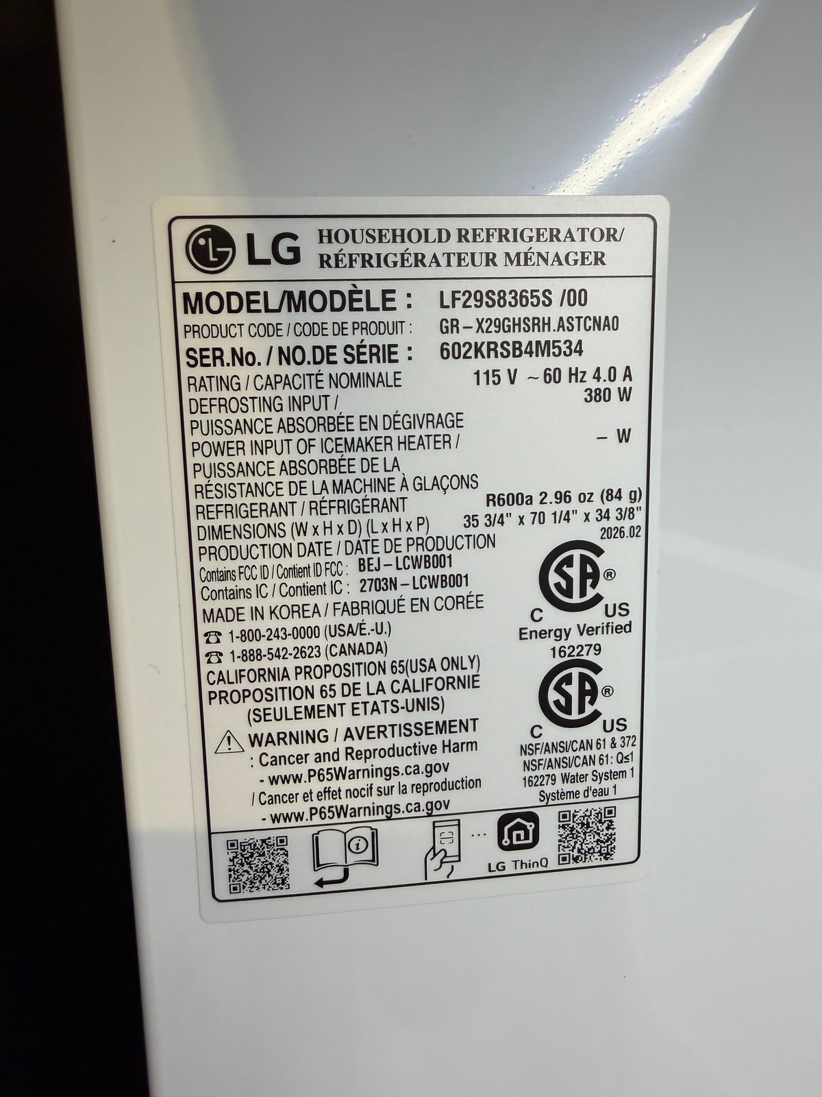 LG 36" French Door Instaview Refrigerator Model #LF29S8365S  Serial #602KRSB4M534 (43)